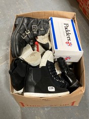 BOX OF ASSORTED ADULT FOOTWEAR TO INCLUDE JUSTFAB WEDGE ANKLE BOOTS BLACKSUEDE SIZE 6