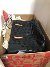 BOX OF ASSORTED BAGS TO INCLUDE TED BAKER TOTE BAG BLACK/ROSE GOLD