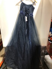 GLITTER TULLE PROM DRESS SPAGHETTI STRAPS ELEGANT FLOWERS EVENING PARTY GOWN WITH SLIT NAVY BLUE SIZE 6