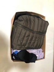 BOX OF ASSORTED ADULT CLOTHING TO INCLUDE MAX MEN COLLECTION BODY WARMER ARMY GREEN SIZE XXL