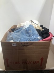 BOX OF ASSORTED ADULT CLOTHING TO INCLUDE ONLY CARMAKOMA LIGHT BLUE DENIM JACKET SIZE 24