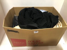 BOX OF ASSORTED ADULT CLOTHING TO INCLUDE ADPT ALLEN TROUSERS BLACK SIZE 36/32