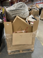 PALLET OF ASSORTED ITEMS TO INCLUDE GREY FLUFFY BEANBAG (KERBSIDE PALLET DELIVERY)