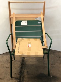 1 X GREEN METAL GARDEN CHAIR TO ALSO INCLUDE PINE SMALL DESK