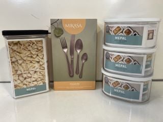 1 X BOX OF ASSORTED KITCHEN ITEMS INCLUDING MIKASA 16 PIECE CUTLERY SET