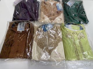 BOX OF ASSORTED CLOTHING ITEMS TO INCLUDE MENS ASIAN SUIT SIZE 32