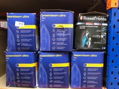 QUANTITY OF ITEMS TO INCLUDE RUSSELL HOBBS POWER STEAM ULTRA IRON, CERAMIC NON-STICK SOLEPLATE, 210G STEAM SHOT, 70G CONTINUOUS STEAM, 350ML WATER TANK, SELF-CLEAN, ANTI-CALC & ANTI-DRIP FUNCTION, 3M