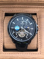 MENS WILLIAM JOURDAIN AUTOMATIC 2580 WATCH - OPEN HEART MOVEMENT WITH SUB DIALS - GLASS EXHIBITION BACK CASE - BLACK GENUINE LEATHER STRAP MSRP £920: LOCATION - A RACK