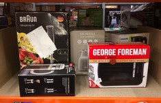 QUANTITY OF ITEMS TO INCLUDE GEORGE FOREMAN SMALL ELECTRIC FIT GRILL [NON STICK, HEALTHY, GRIDDLE, TOASTIE, HOT PLATE, PANINI, BBQ, ENERGY SAVING, VERTICAL STORAGE, EASY CLEAN, DRIP TRAY, READY TO CO