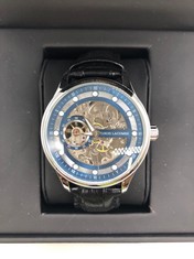 MENS LOUIS LACOMBE AUTOMATIC WATCH - SKELETON DIAL - GLASS EXHIBITION BACK CASE - LEATHER STRAP - GIFT BOX - EST £380: LOCATION - A RACK