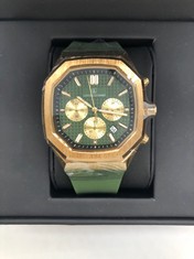 MENS LOUIS LACOMBE CHRONOGRAPH WATCH-3 SUBDIALS-GOLD COLOUR CASE-GREEN RUBBER STRAP-EST £380: LOCATION - A RACK