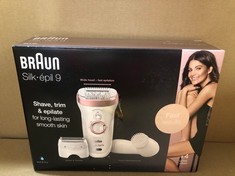 BRAUN SILK-ÉPIL 9 EPILATOR FOR WOMEN HAIR REMOVAL, INCLUDES FACIAL CLEANSING BRUSH MASSAGE CAP SHAVER AND TRIMMER HEAD, CORDLESS, WET & DRY, 100% WATERPROOF, UK 2 PIN PLUG, 9-880, WHITE/PINK.: LOCATI