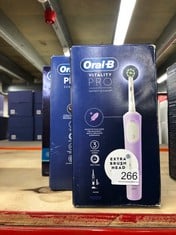 QUANTITY OF ITEMS TO INCLUDE ORAL-B VITALITY PRO ELECTRIC TOOTHBRUSH FOR ADULTS, 1 HANDLE, 2 TOOTHBRUSH HEADS, 3 BRUSHING MODES INCLUDING SENSITIVE PLUS, 2 PIN UK PLUG, PURPLE: LOCATION - B RACK