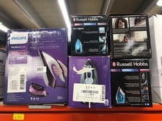 QUANTITY OF ITEMS TO INCLUDE RUSSELL HOBBS MY IRON STEAM IRON, CERAMIC SOLEPLATE, 260ML WATER TANK, 120G STEAM SHOT, 28G CONTINUOUS STEAM, SELF-CLEAN FUNCTION, 2M CORD, VERTICAL AND VARIABLE STEAM, 1