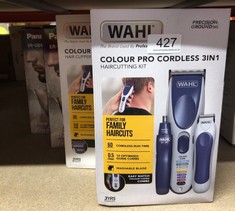 QUANTITY OF ITEMS TO INCLUDE WAHL COLOUR PRO CORDLESS 3 IN 1, HAIR CLIPPERS FOR MEN, FAMILY HAIRCUTTING KIT, HEAD SHAVER, MEN'S HAIR CLIPPERS WITH BEARD TRIMMER, NOSE TRIMMER, PERSONAL TRIMMERS, GROO