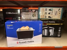 QUANTITY OF ITEMS TO INCLUDE RUSSELL HOBBS INSPIRE 2 SLICE TOASTER (EXTRA WIDE SLOTS, HIGH LIFT FEATURE, 6 BROWNING LEVELS, FROZEN/CANCEL/REHEAT FUNCTION WITH BLUE LED ILLUMINATION, 1050W, BLACK TEXT