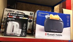 QUANTITY OF ITEMS TO INCLUDE RUSSELL HOBBS ELECTRIC 0.85L TRAVEL KETTLE, SMALL & COMPACT, DUAL VOLTAGE, IDEAL FOR ABROAD/CARAVAN/CAMPING, INC 2 CUPS & SPOONS, REMOVABLE WASHABLE ANTI-SCALE FILTER, WA