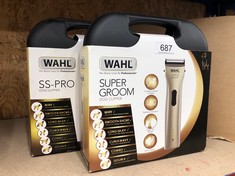 QUANTITY OF ITEMS TO INCLUDE WAHL DOG CLIPPERS, SUPERGROOM PREMIUM DOG GROOMING KIT, FULL COAT DOG CLIPPERS FOR ALL COAT TYPES, LOW NOISE CORDLESS PET CLIPPERS, CHROME, ONE SIZE: LOCATION - E RACK