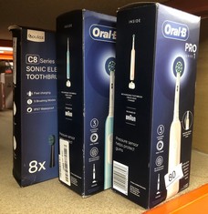 QUANTITY OF ITEMS TO INCLUDE ORAL-B PRO 1 ELECTRIC TOOTHBRUSH FOR ADULTS WITH 3D CLEANING, 1 TOOTHBRUSH HEAD, GUM PRESSURE CONTROL, 2 PIN UK PLUG, PINK: LOCATION - A RACK