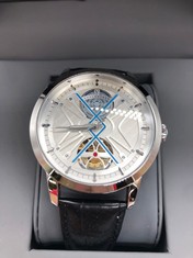 MENS VONLANTHEN AUTOMATIC WATCH – SILVER AND BLUE TEXTURED DIAL - GLASS EXHIBITION BACKCASE – BLACK LEATHER STRAP MSRP $780: LOCATION - TOP 50 RACK