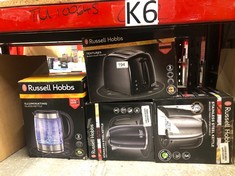 QUANTITY OF KITCHEN & APPLIANCES ITEMS TO INCLUDE RUSSELL HOBBS ILLUMINATING 1.7L ELECTRIC CORDLESS GLASS KETTLE WITH BLACK/BRUSHED STAINLESS STEEL ACCENTS (FAST BOIL 3KW, WASHABLE ANTI-SCALE FILTER,