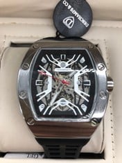 MENS AUTOMATIC DESCHAMPS & CO WATCH – SKELETON DIAL – GLASS EXHIBITION BACK CASE – RUBBER STRAP – WOODEN GIFT BOX – EST £925: LOCATION - TOP 50 RACK