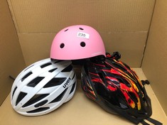 QUANTITY OF CYCLING HELMETS TO INCLUDE BICYCLE HELMET  PINK SIZE 48-54 CM WHITE SIZE 52-57 CM, RED SIZE 47-57CM.: LOCATION - C