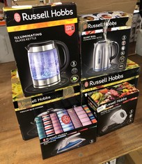 QUANTITY OF KITCHEN & APPLIANCES ITEMS TO INCLUDE RUSSELL HOBBS ILLUMINATING 1.7L ELECTRIC CORDLESS GLASS KETTLE WITH BLACK/BRUSHED STAINLESS STEEL ACCENTS (FAST BOIL 3KW, WASHABLE ANTI-SCALE FILTER,