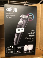 BRAUN MEN'S BEARD TRIMMER SERIES 9 BT9441, TRIMMER WITH BARBER TOOLS AND 180-MIN RUNTIME.: LOCATION - SIDE TABLES