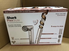 SHARK FLEXSTYLE 5-IN-1 AIR STYLER & HAIR DRYER WITH AUTO-WRAP CURLERS, PADDLE BRUSH, OVAL BRUSH, CONCENTRATOR AND DIFFUSER, NO HEAT DAMAGE, STONE HD441SLUK.: LOCATION - SHUTTER TABLES