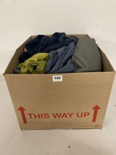 BOX OF ASSORTED CLOTHING IN VARIOUS SIZES & DESIGNS