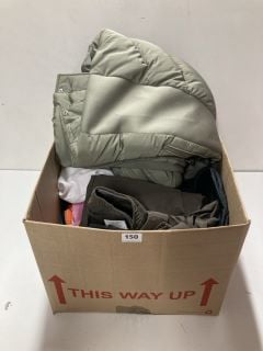 BOX OF ASSORTED CLOTHING IN VARIOUS SIZES & DESIGNS