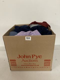 BOX OF ASSORTED CLOTHING IN VARIOUS SIZES & DESIGNS