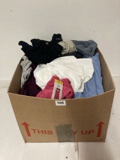 BOX OF ASSORTED CLOTHING IN VARIOUS SIZES & DESIGNS