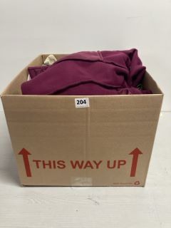 BOX OF ASSORTED CLOTHING IN VARIOUS SIZES & DESIGNS