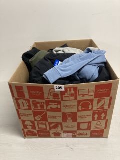 BOX OF ASSORTED CLOTHING IN VARIOUS SIZES & DESIGNS