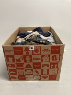 BOX OF ASSORTED CLOTHING IN VARIOUS SIZES & DESIGNS