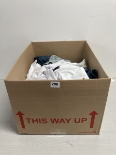 BOX OF ASSORTED CLOTHING IN VARIOUS SIZES & DESIGNS