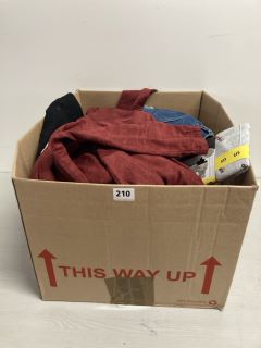 BOX OF ASSORTED CLOTHING IN VARIOUS SIZES & DESIGNS