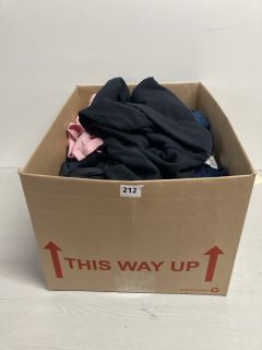 BOX OF ASSORTED CLOTHING IN VARIOUS SIZES & DESIGNS