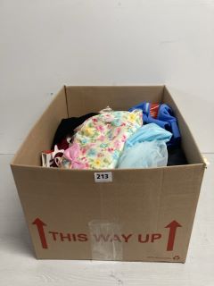 BOX OF ASSORTED CLOTHING IN VARIOUS SIZES & DESIGNS