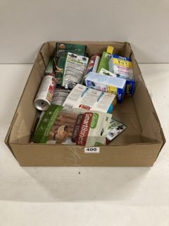 BOX OF ASSORTED ITEMS INCL. PET TREATS AND TOYS