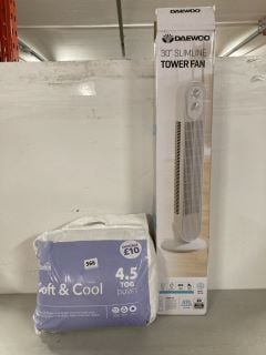 DUNELM SOFT & COOL 4.5TOG DOUBLE DUVET SET & DAEWOO 30" SLIMLINE TOWER FAN