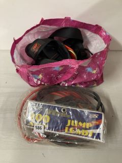 BAG OF ASSORTED ITEMS INCL. JJSP SAFETY HARNESS & SILVER STYLE 200 AMP JUMPER CABLES