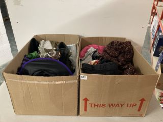 2 X BOXES OF ASSORTED CLOTHING IN VARIOUS SIZES & DESIGNS & PAIR OF CHUKKA BOOTS IN BLACK SIZE 7