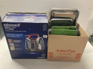 BOX OF ASSORTED ITEMS TO INCLUDE SILVER TRAYS& BISSELL SPOTCLEAN PROHEAT PORTABLE CARPET AND UPHOLSTERY CLEANER