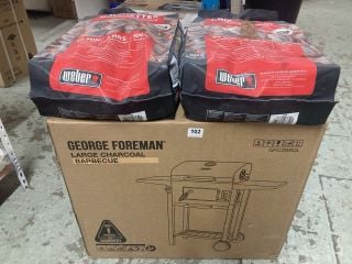 GEORGE FOREMAN CHARCOAL BBQ WITH TWO BAGS OF WEBER CHARCOAL (SEALED)