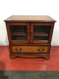 VINTAGE WOODEN VENEER GLASS DOOR TV CABINET, H- 65CM W- 66CM D- 41CM