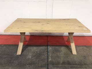 LARGE OAK CROSS LEGGED DINING ROOM TABLE, H- 76CM W- 180CM D- 89CM