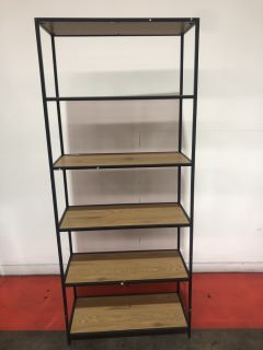 OAK SHELVES AND BLACK STAINLESS STEEL FRAME BOOKCASE, H- 185CM W- 77CM D- 35CM